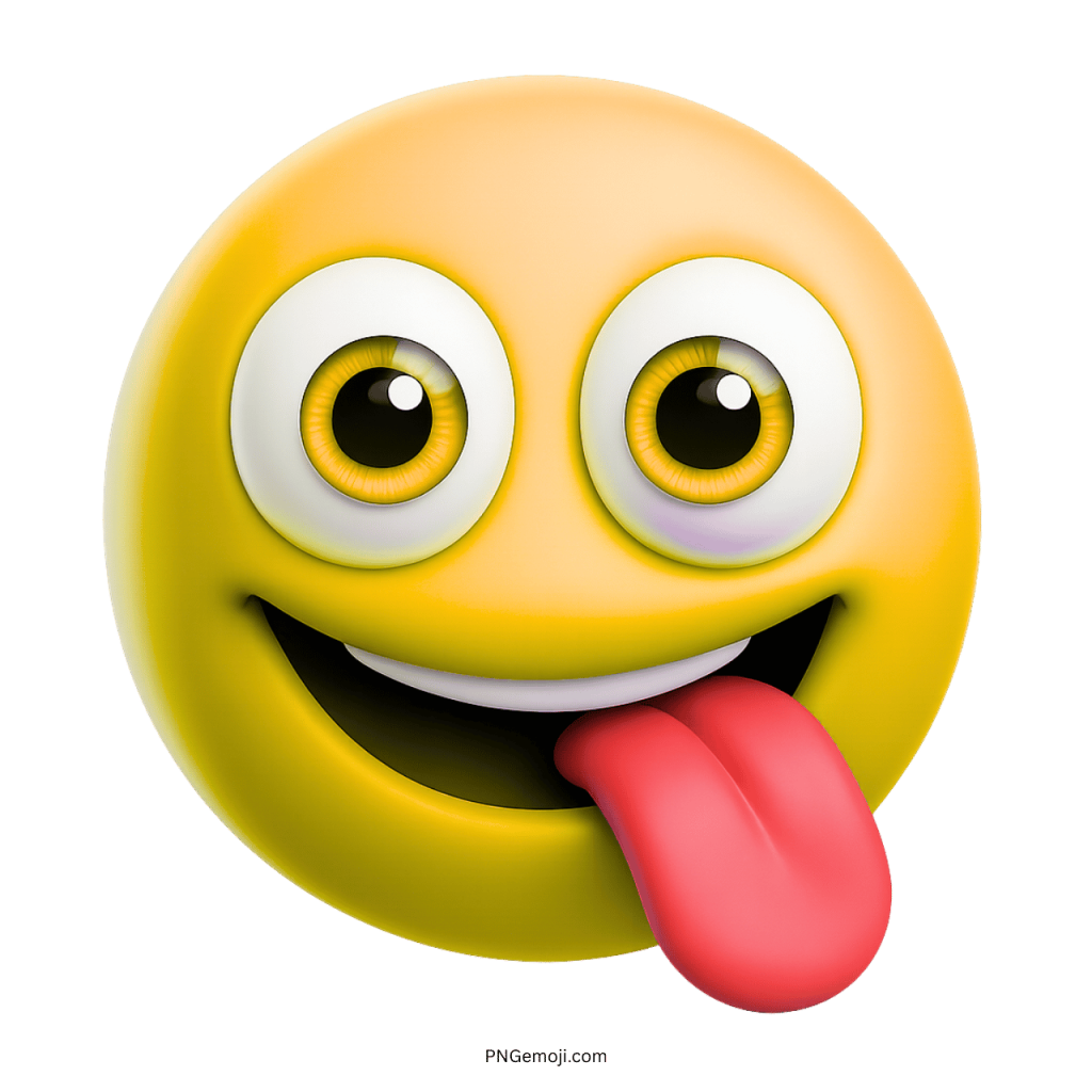 Funny yellow emoji face sticking tongue out in playful cartoon 3D style