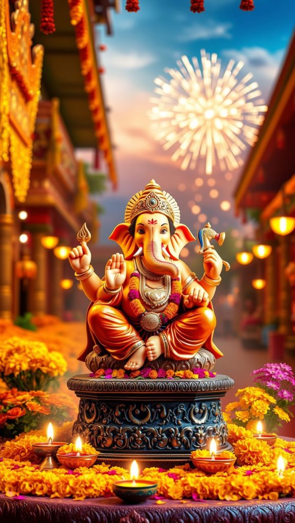 Vibrant Ganesh Chaturthi celebration with Lord Ganesha idol, flowers, and fireworks in the background.