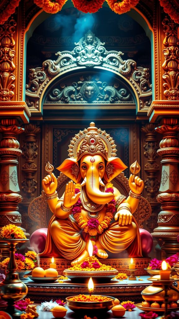 Vibrant Ganesh Chaturthi celebration with a golden idol of Lord Ganesha, flowers, and diyas