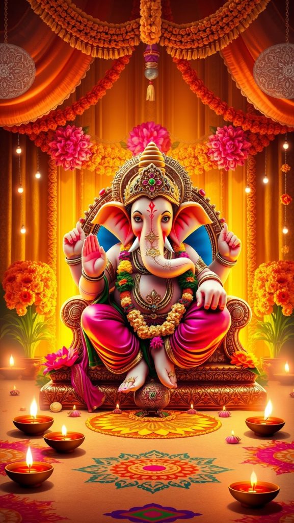 Vibrant Ganpati Bappa wallpaper for Ganesh Chaturthi festival with traditional decorations and oil lamps.
