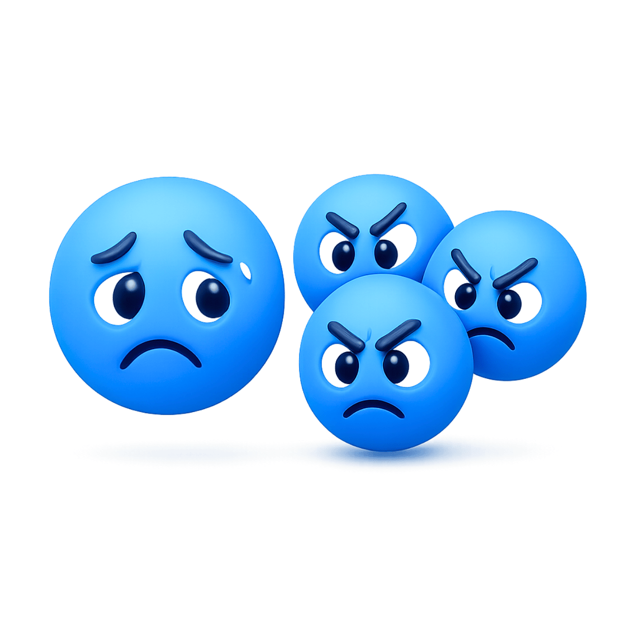 3D blue ganging up emoji showing sad face surrounded by multiple angry faces