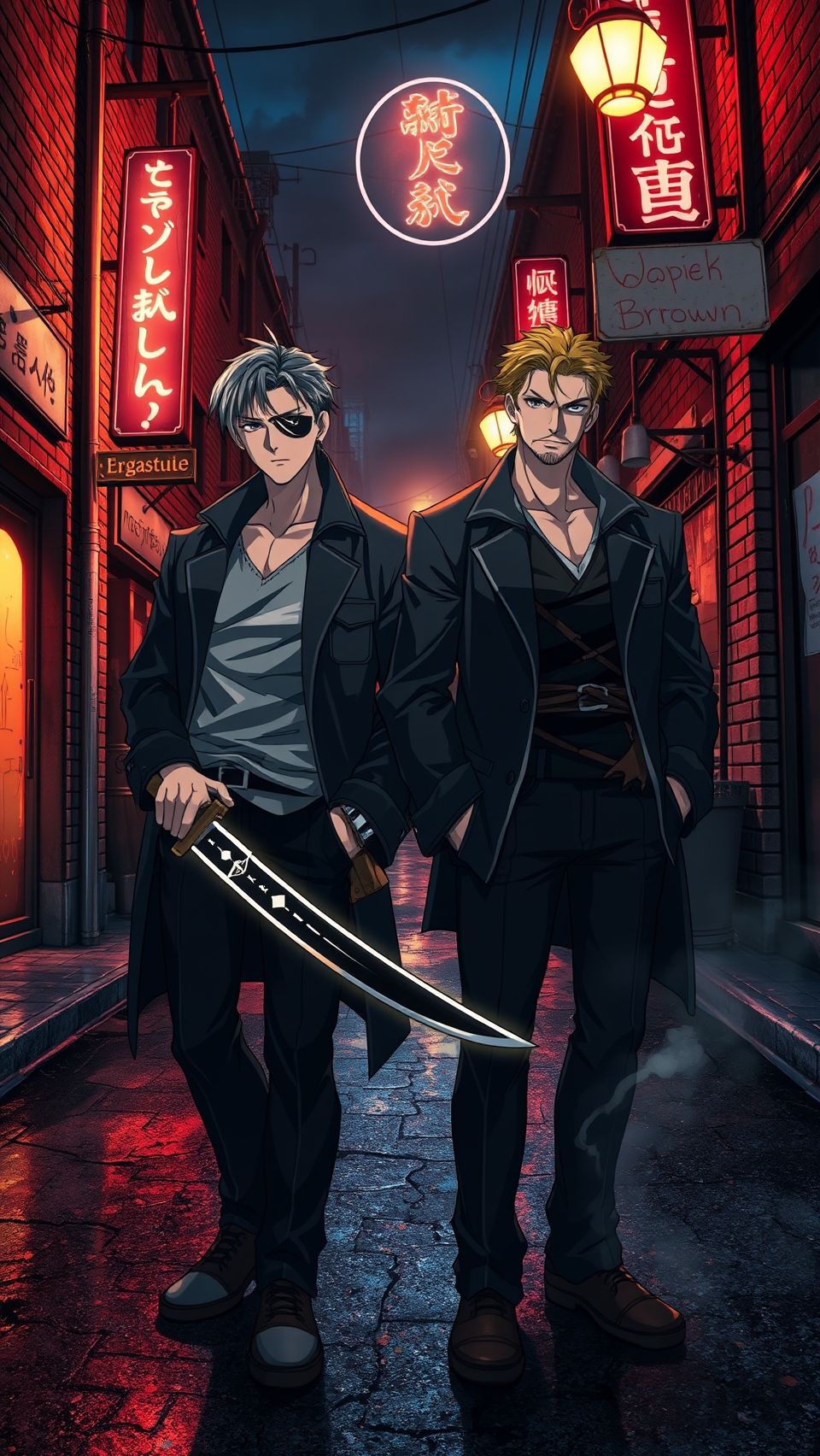 Gangsta anime wallpaper featuring Nicolas Brown and Worick Arcangelo in a neon alley