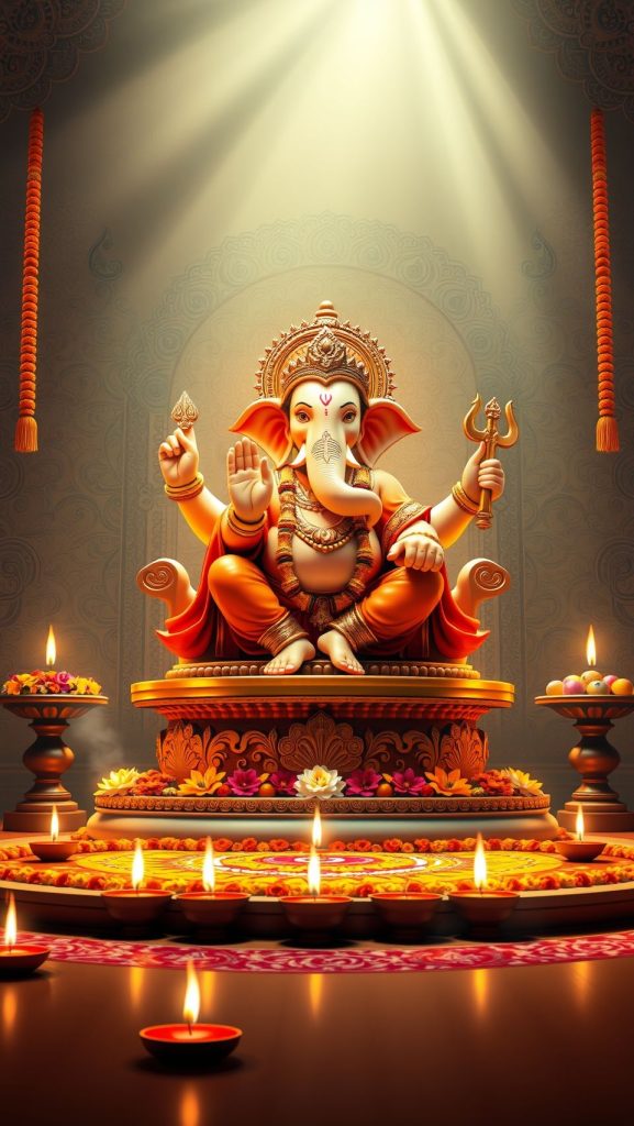 Lord Ganesh idol during Ganesh Chaturthi celebration with flowers and diyas.