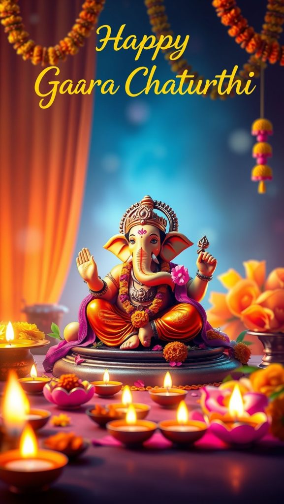 Ganpati Bappa idol with vibrant decoration and lights for Ganesh Chaturthi celebration.
