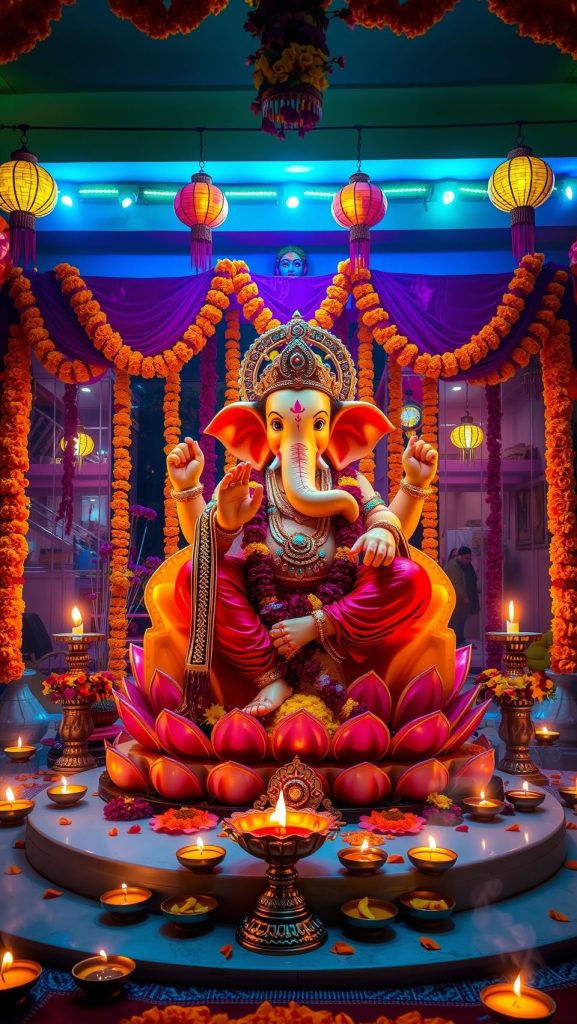 Beautiful Ganesh idol adorned with flowers and lights during Ganesh Chaturthi festival celebration.