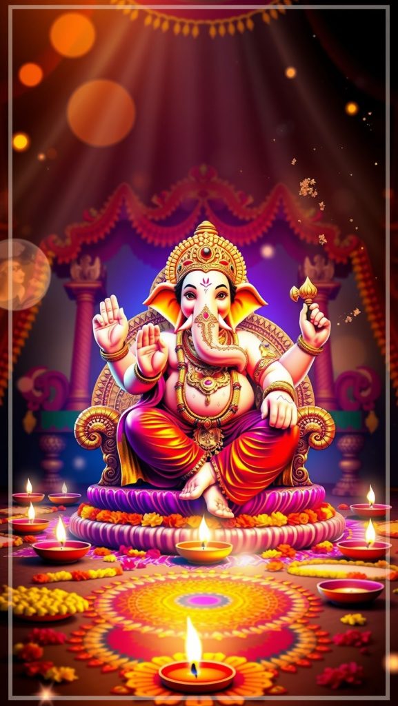 Vibrant Ganpati Bappa wallpaper with diyas and floral rangoli during Ganesh Chaturthi celebration.