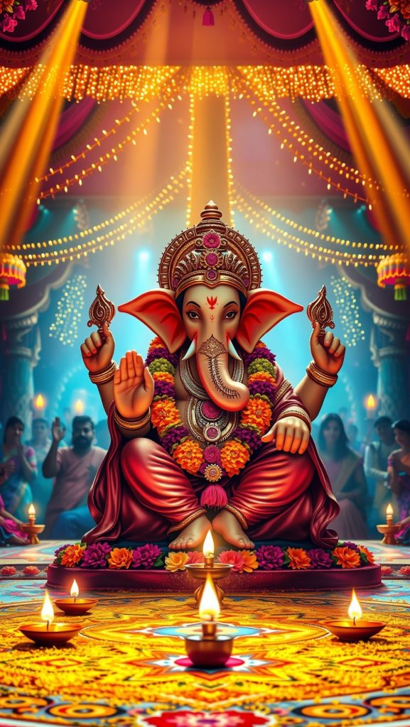Lord Ganesha idol with vibrant flowers and festive lights during Ganesh Chaturthi.