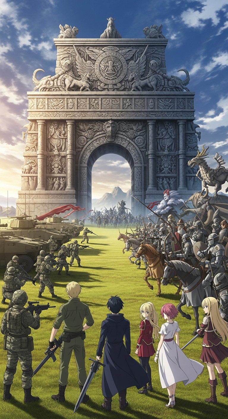 Gate anime fantasy warriors clashing with modern army soldiers epic wallpaper scene