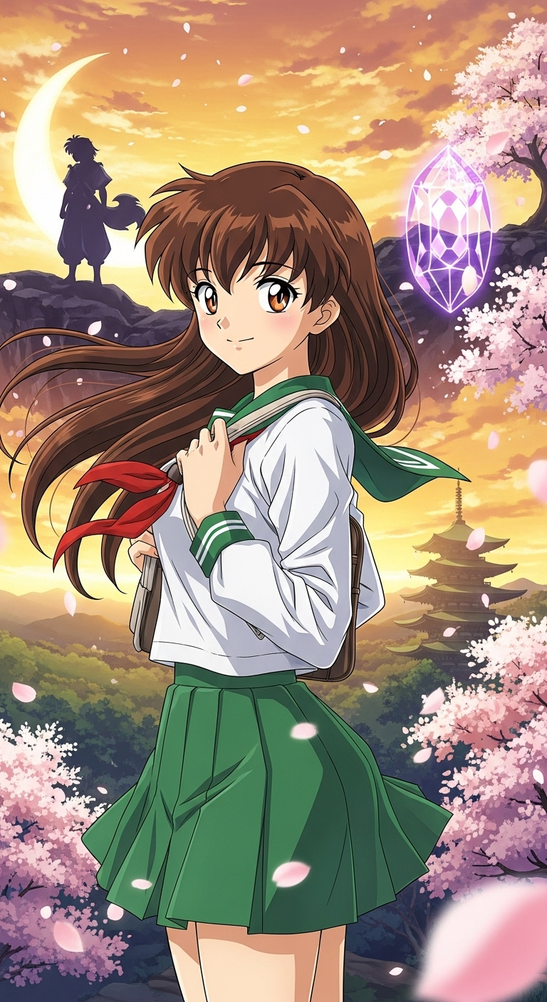 Beautiful Gate anime girl in school uniform with sunset, sakura blossoms, and glowing crystal wallpaper