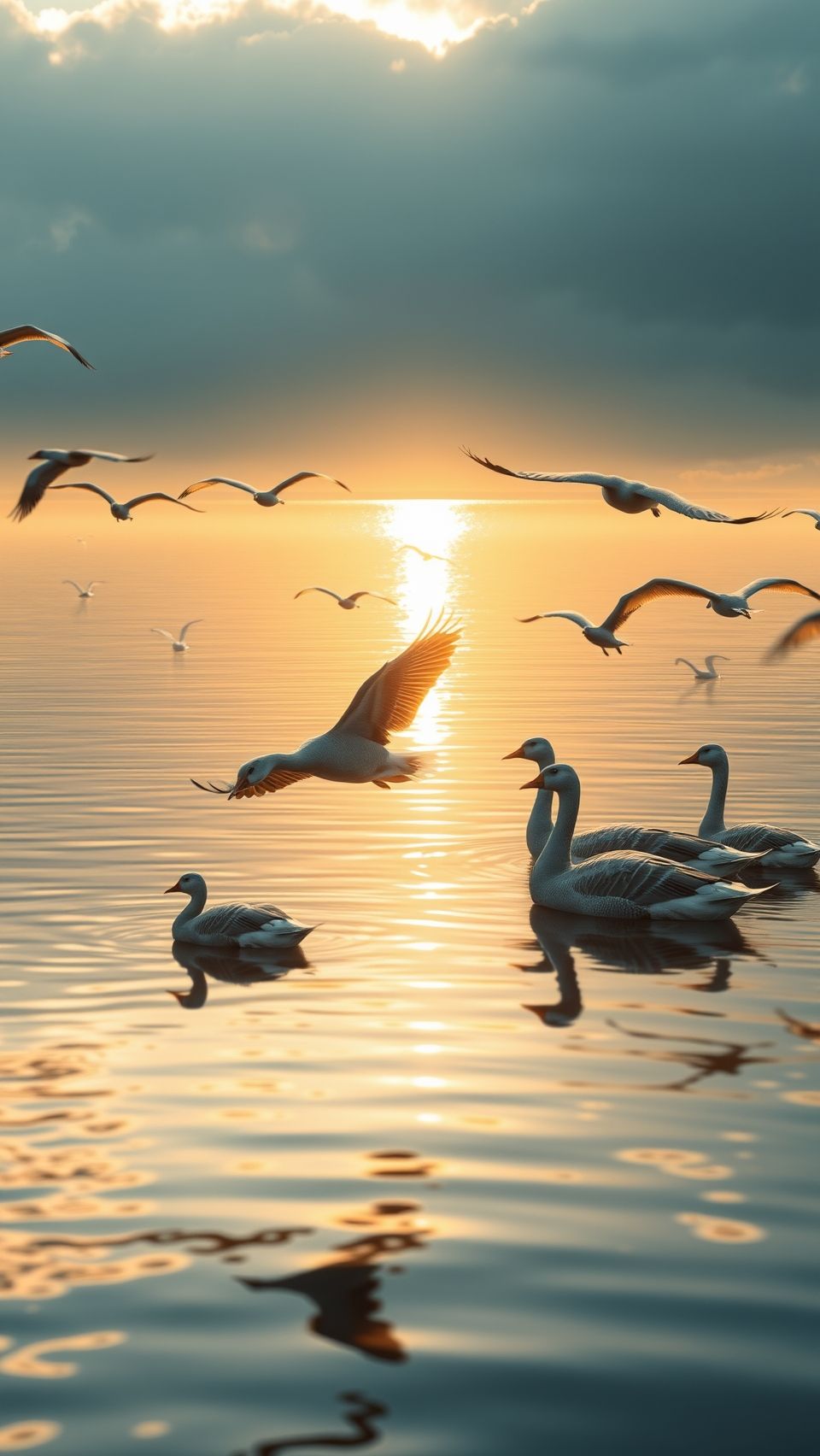 Geese flying and resting on a peaceful lake at sunrise with golden light