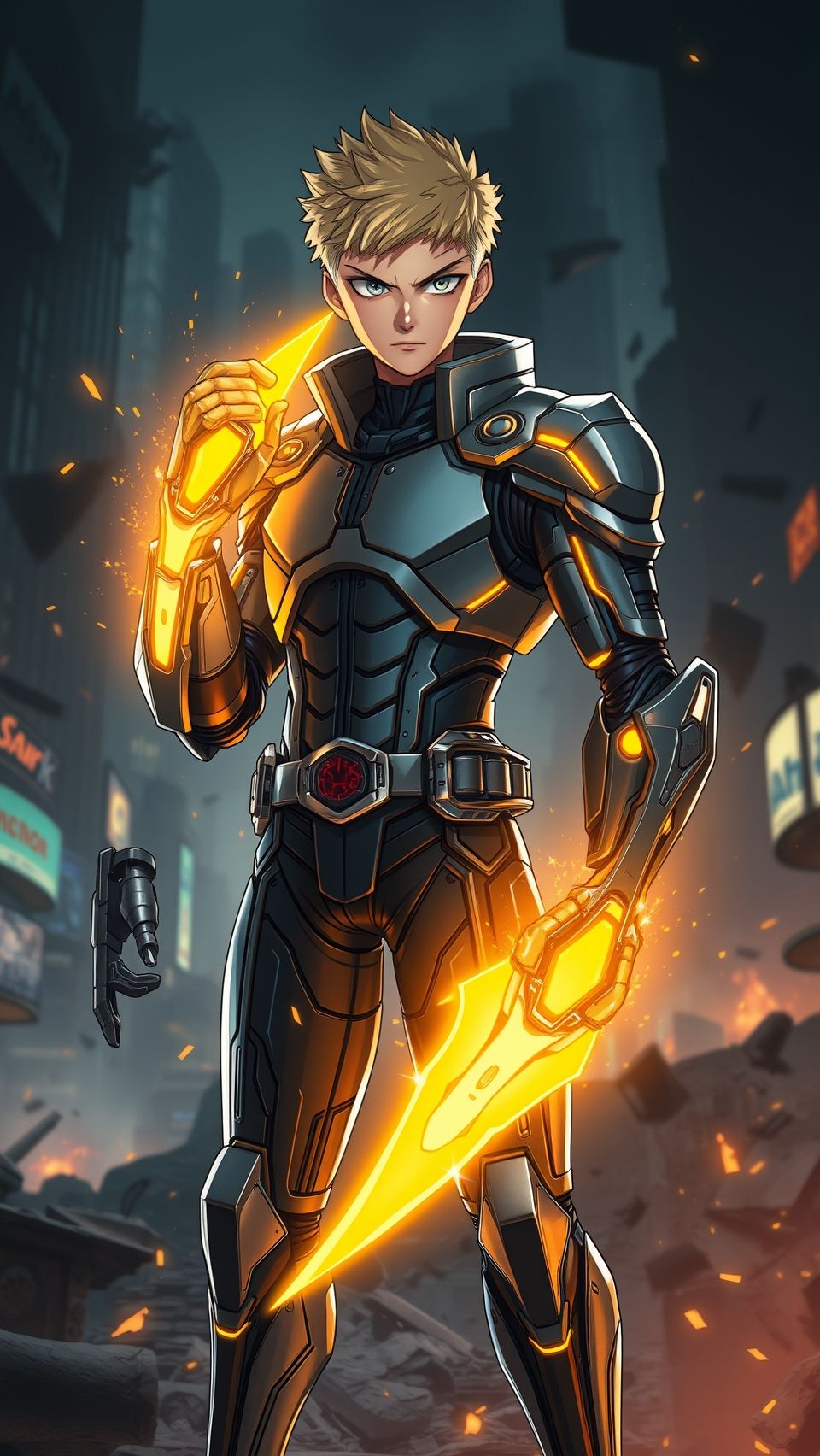Genos anime wallpaper showcasing futuristic cyborg armor and glowing energy blades in battle stance.