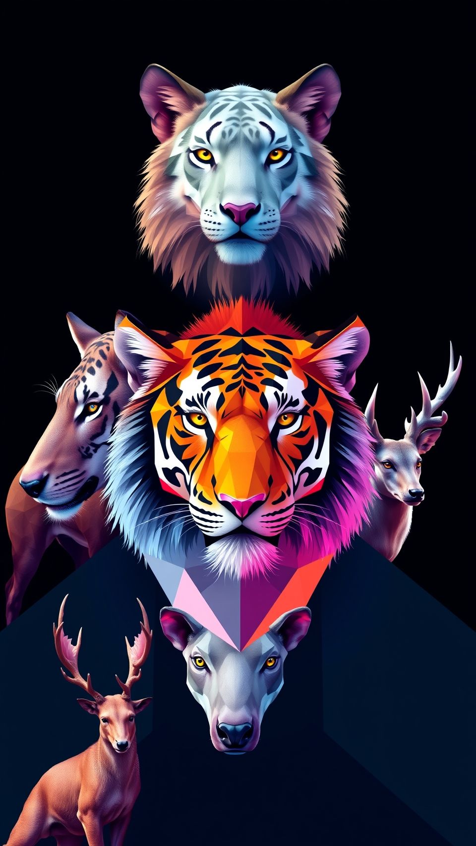 Geometric animal wallpaper featuring tiger, lion, deer, and wolf in polygonal style