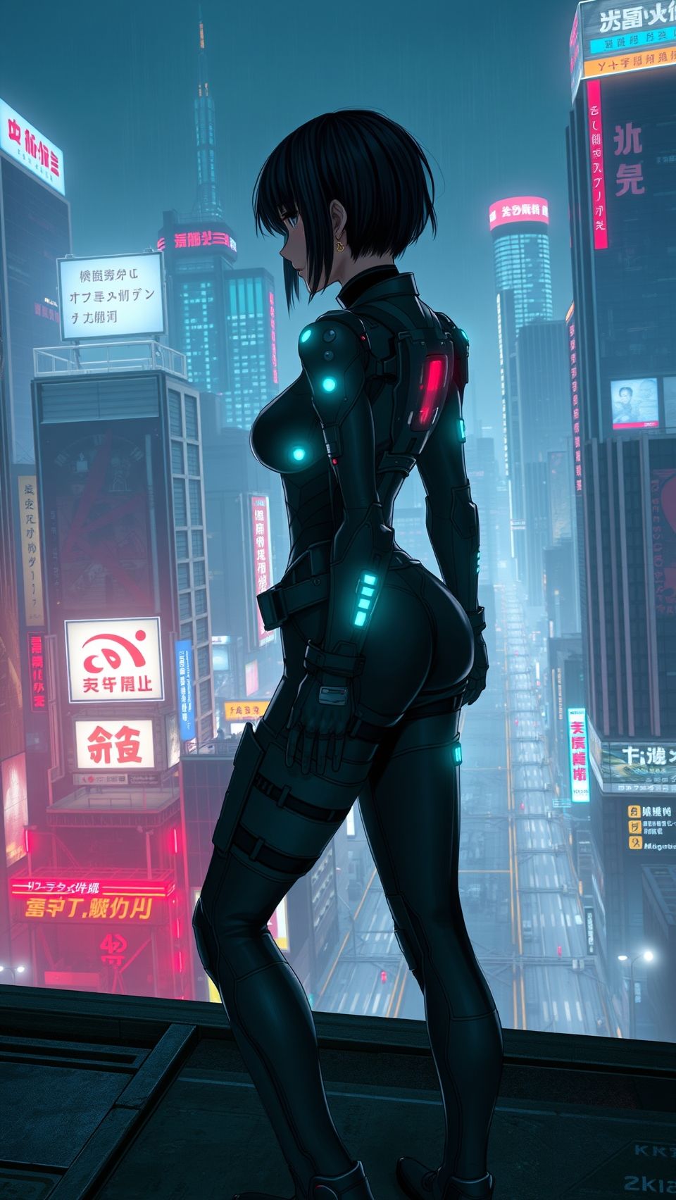 Ghost in the Shell anime wallpaper futuristic cyberpunk city at night with neon lights
