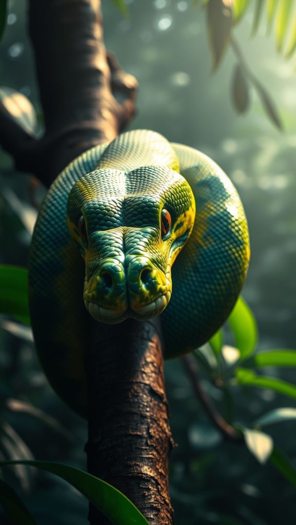 Close-up of a giant python snake coiled on a tree branch in dense forest