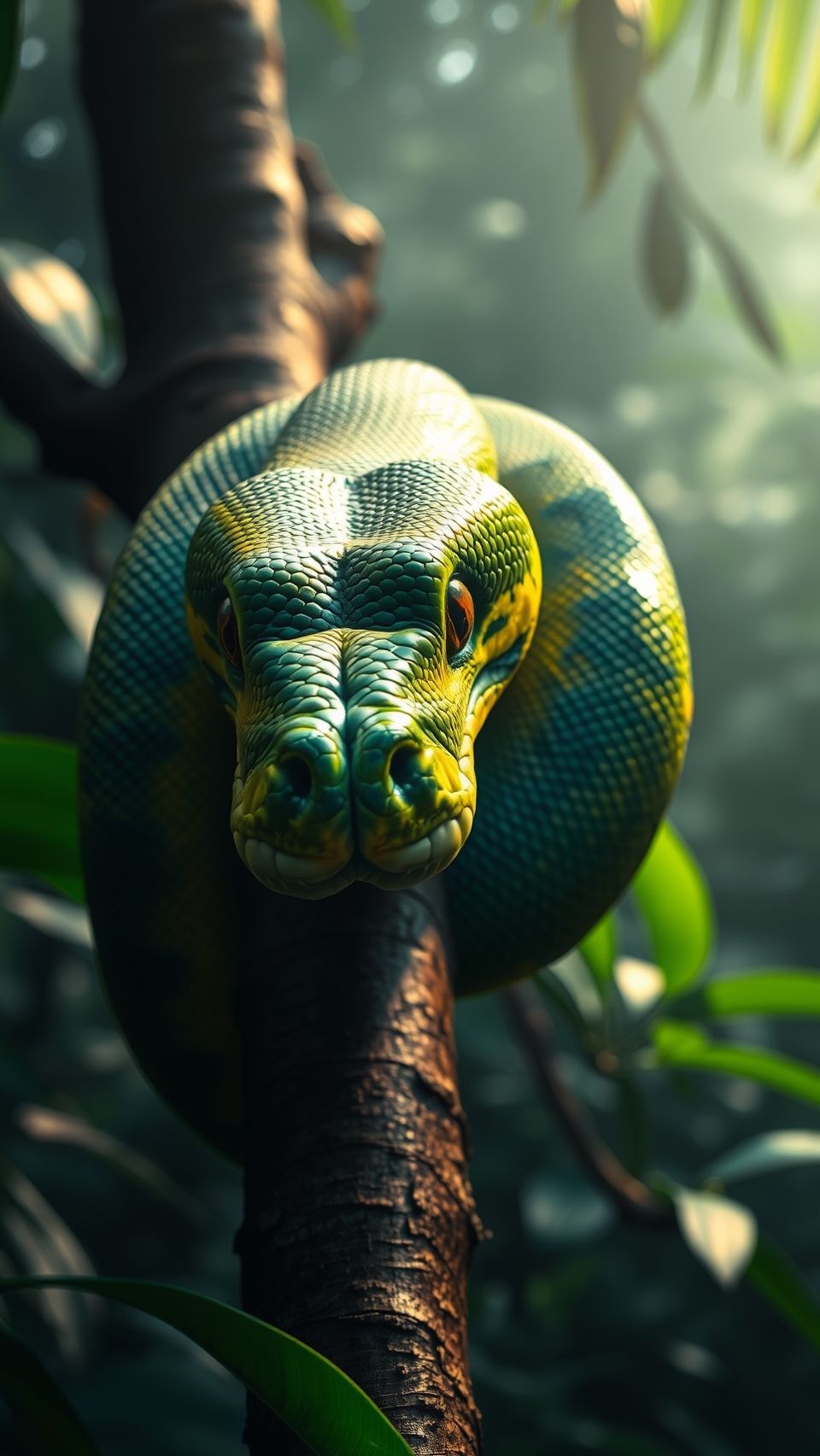 Close-up of a giant python snake coiled on a tree branch in dense forest