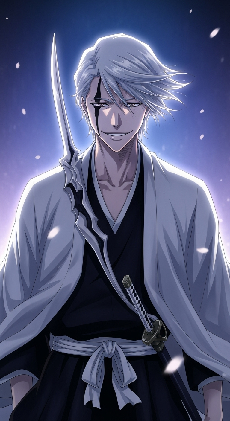 Gin Ichimaru Bleach anime wallpaper with sword, white robe, and sinister smile