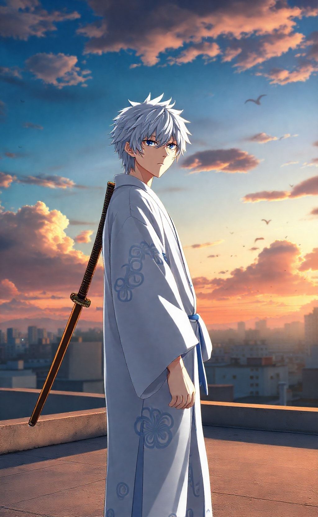Gintoki Sakata standing on rooftop at sunset with katana in anime wallpaper
