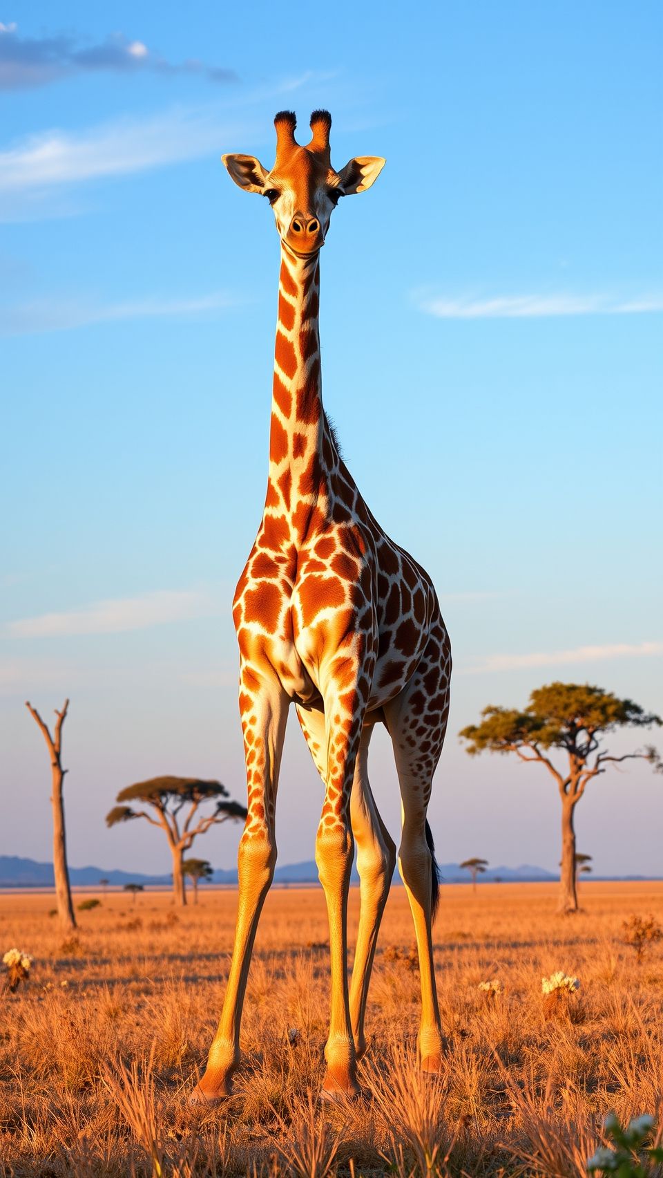 A highly detailed giraffe standing tall in the savanna during the golden hour.