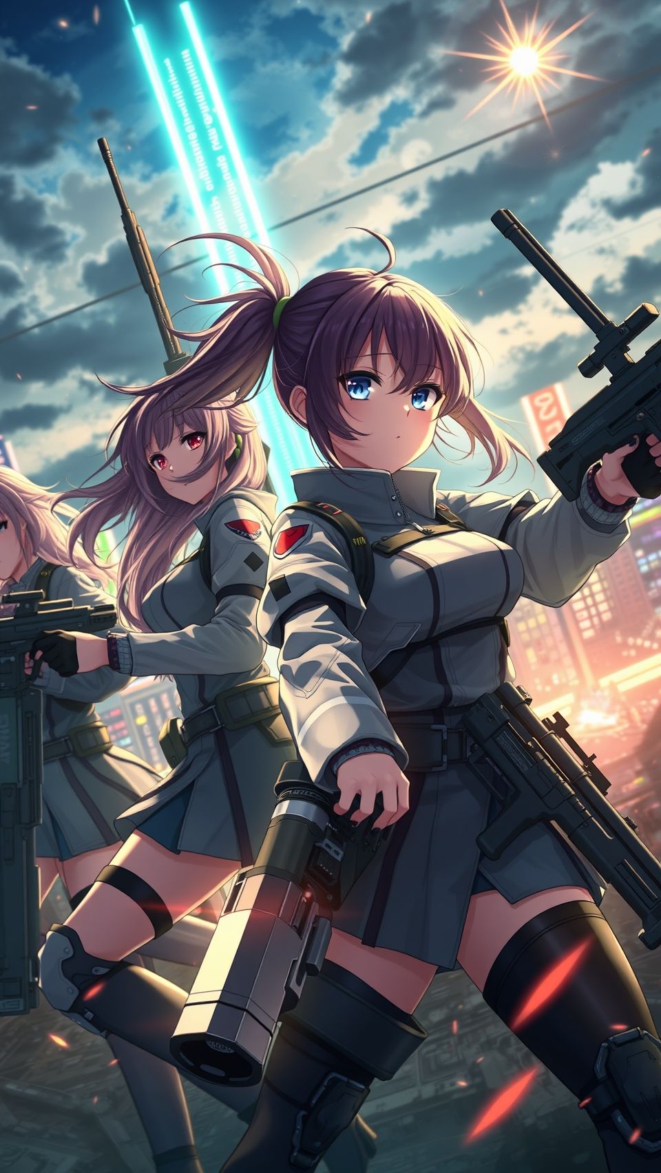 Girls’ Frontline anime wallpaper featuring futuristic female soldiers with weapons in a cyberpunk city