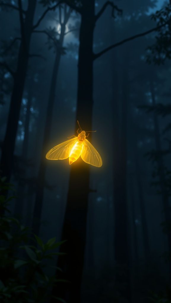Glowing firefly flying through a mystical forest with soft light emission
