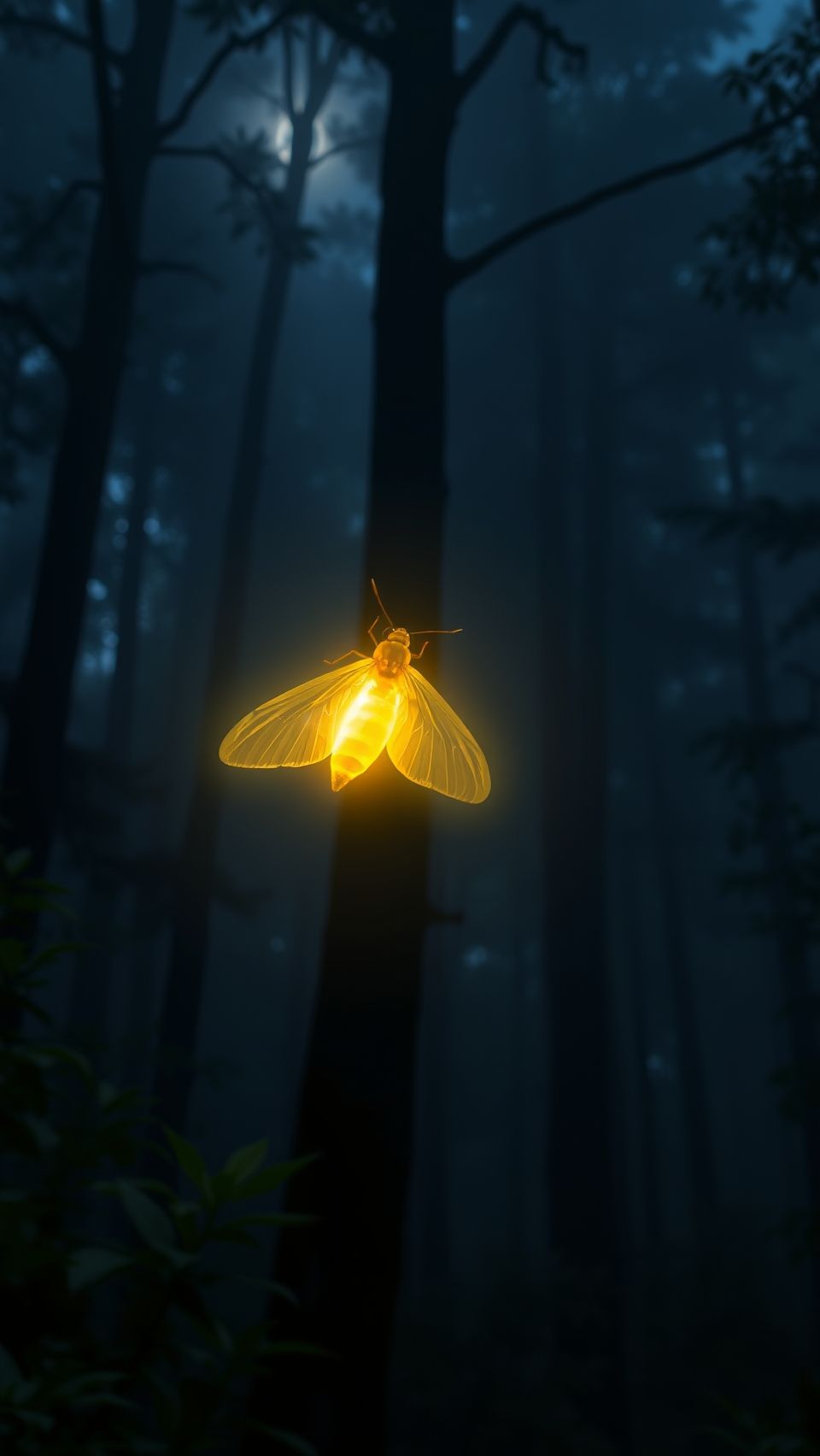 Glowing firefly flying through a mystical forest with soft light emission