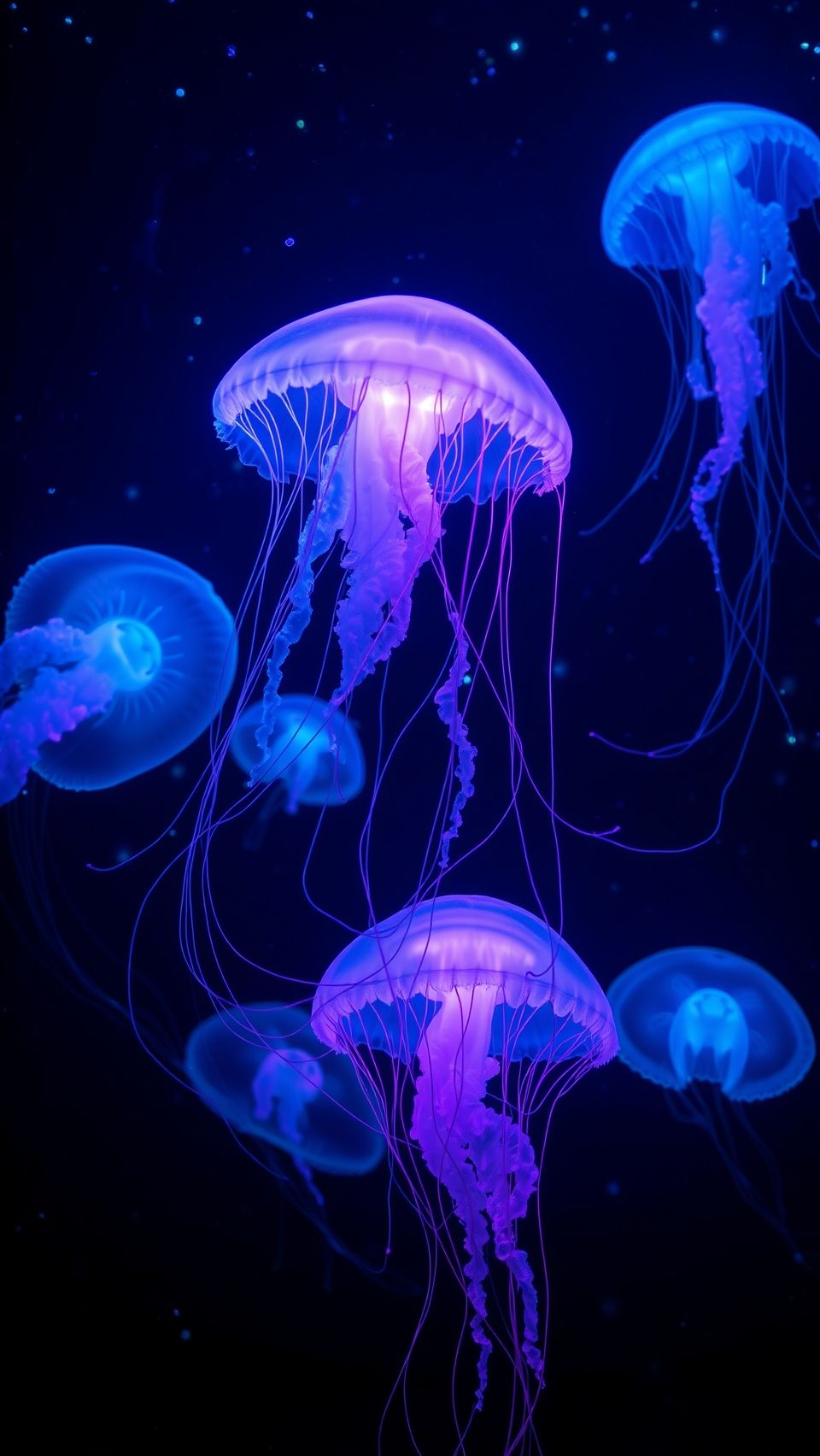 Mesmerizing glowing jellyfish drifting gracefully in deep sea with vibrant blue and purple light