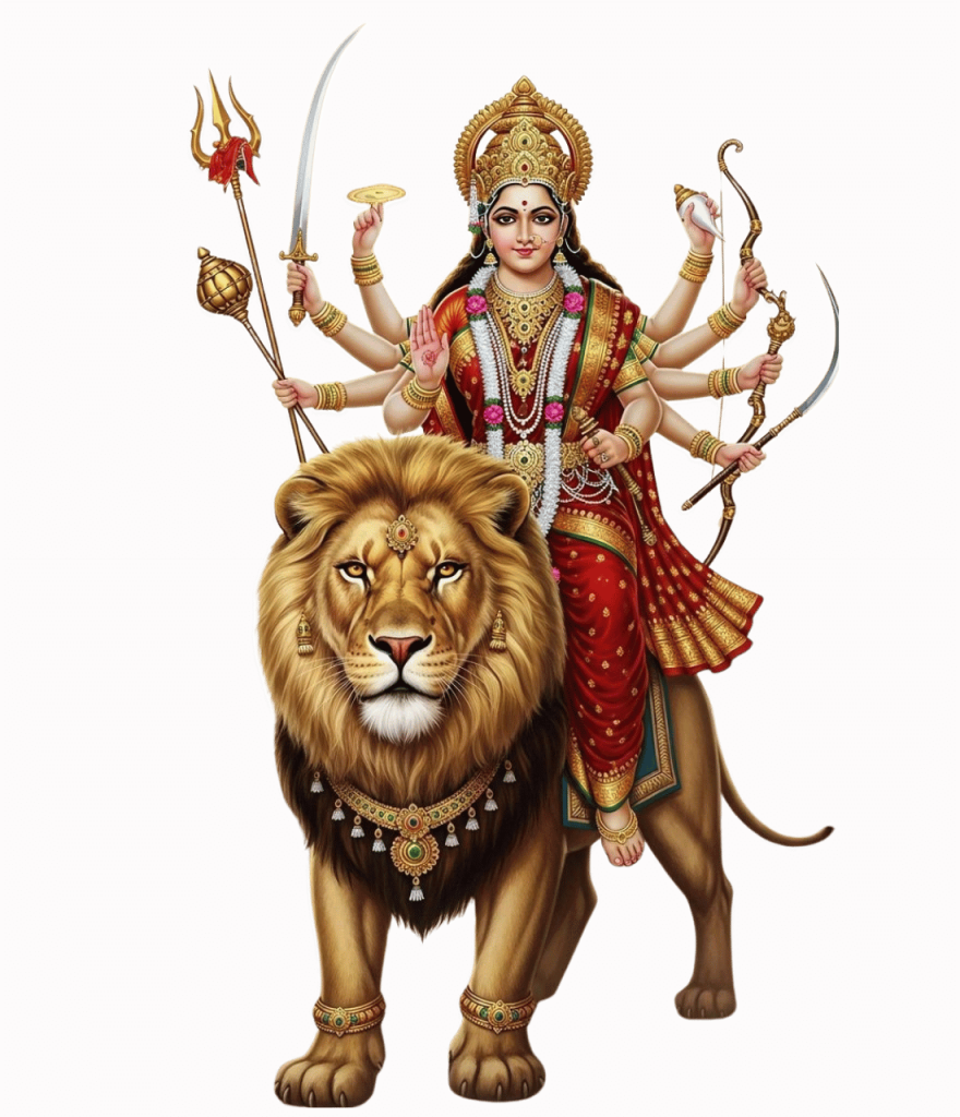 Goddess Durga HD PNG transparent image with lion and multiple weapons for Navratri free download