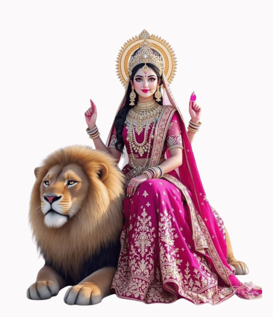 Beautiful Goddess Durga idol in pink attire sitting with lion, symbol of power and devotion.