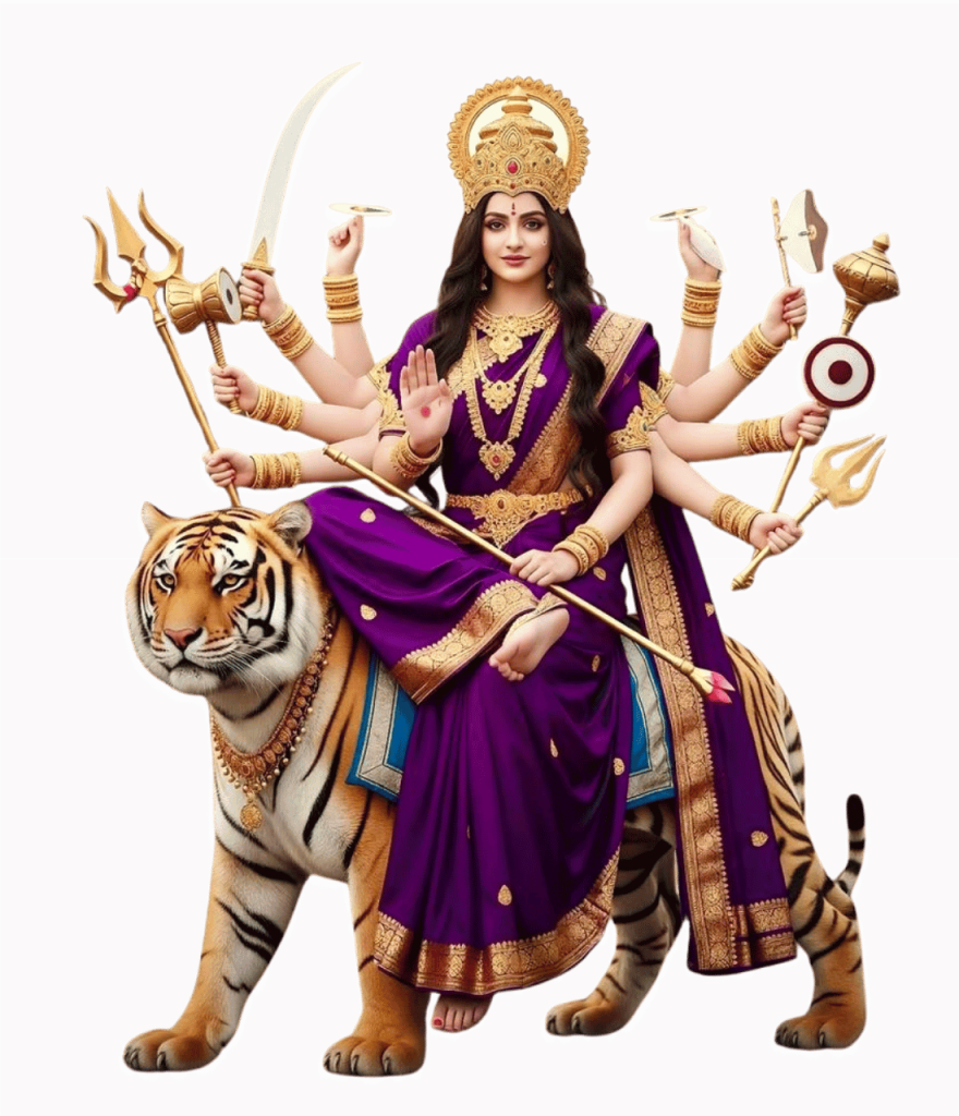 Hindu Goddess Durga seated on tiger holding divine weapons in majestic form PNG