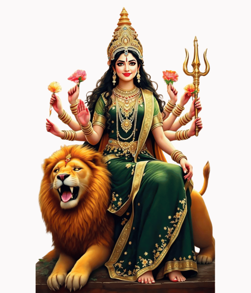 Goddess Durga PNG image sitting on lion in green saree with trishul and flowers