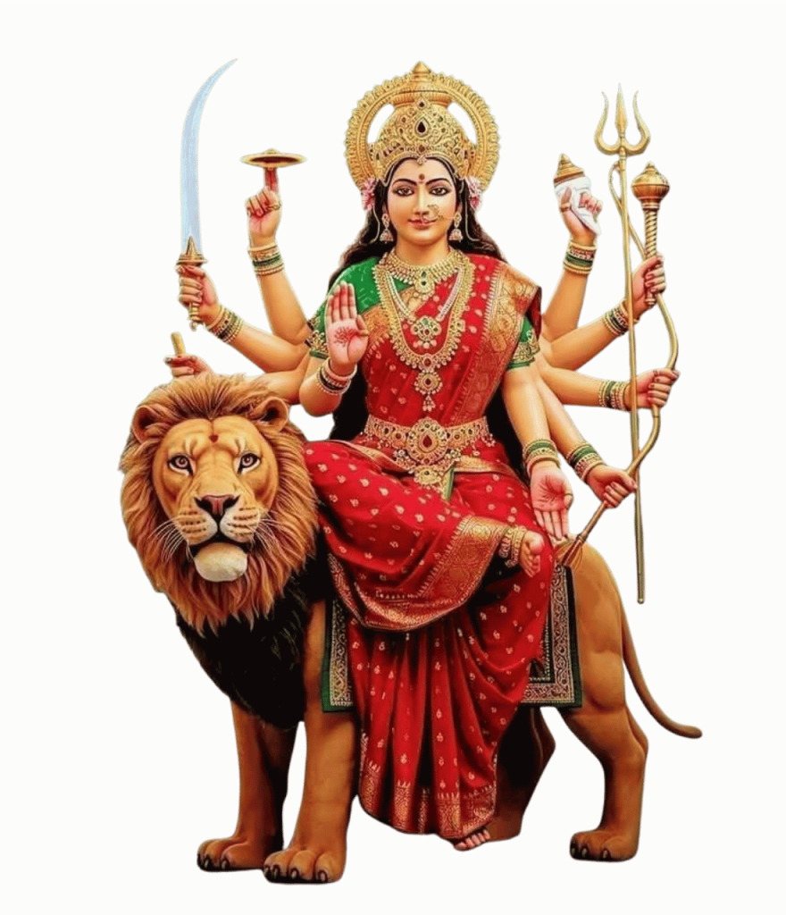 Goddess Durga PNG HD transparent image with lion and red saree for free pictures download