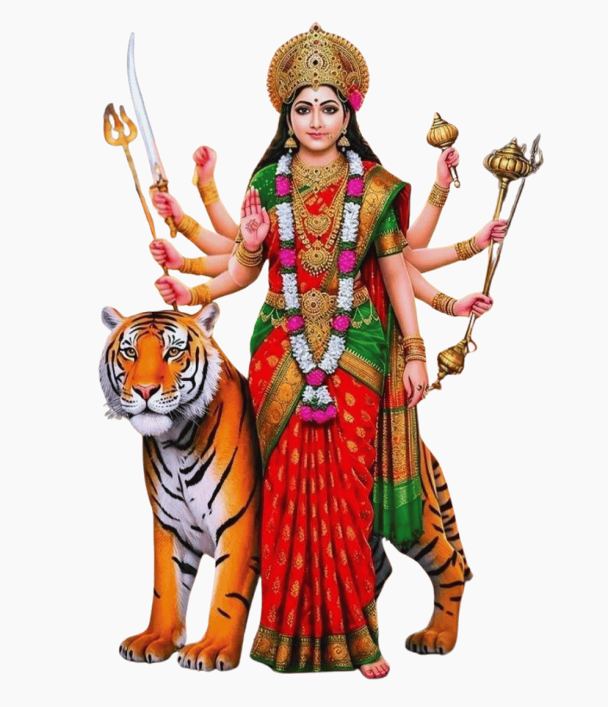 Goddess Durga PNG transparent HD image with tiger, weapons, red saree, symbolizing divine power, protection, and blessings.