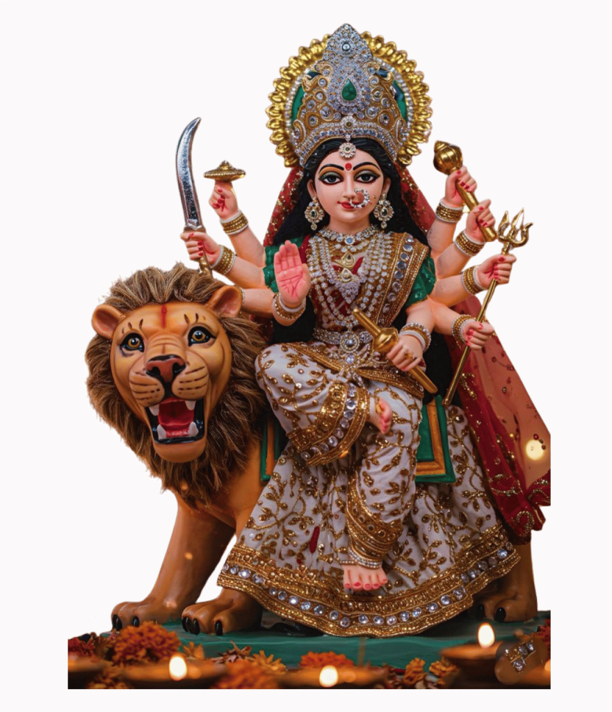Beautiful Goddess Durga idol riding lion with weapons, traditional attire, and Navratri festive decoration.