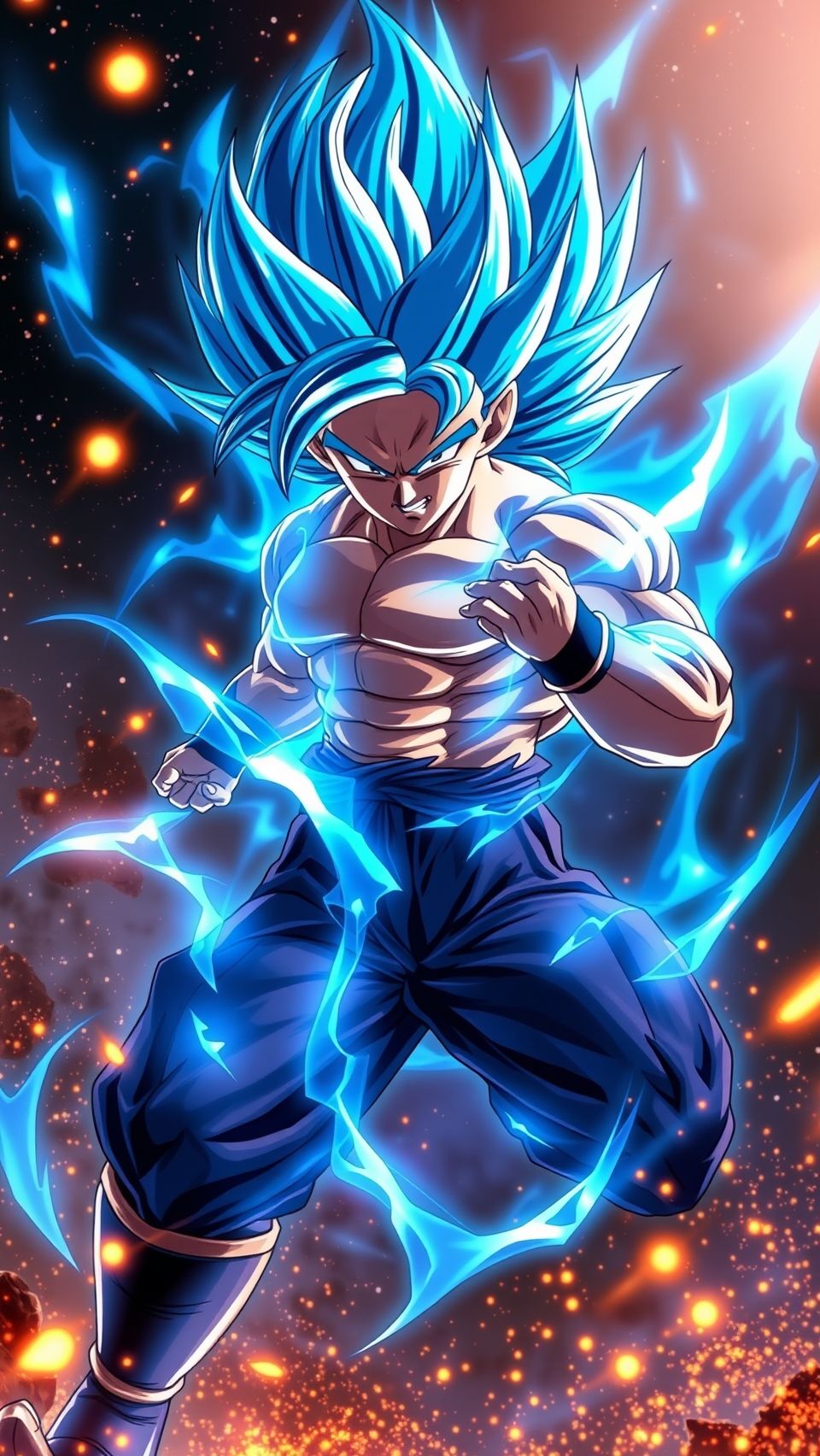 Epic Gogeta Super Saiyan Blue HD wallpaper with glowing blue aura and fiery background
