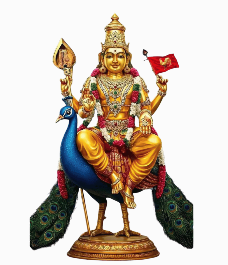 Golden statue of Lord Murugan Kartikeya seated on peacock holding Vel and divine red flag