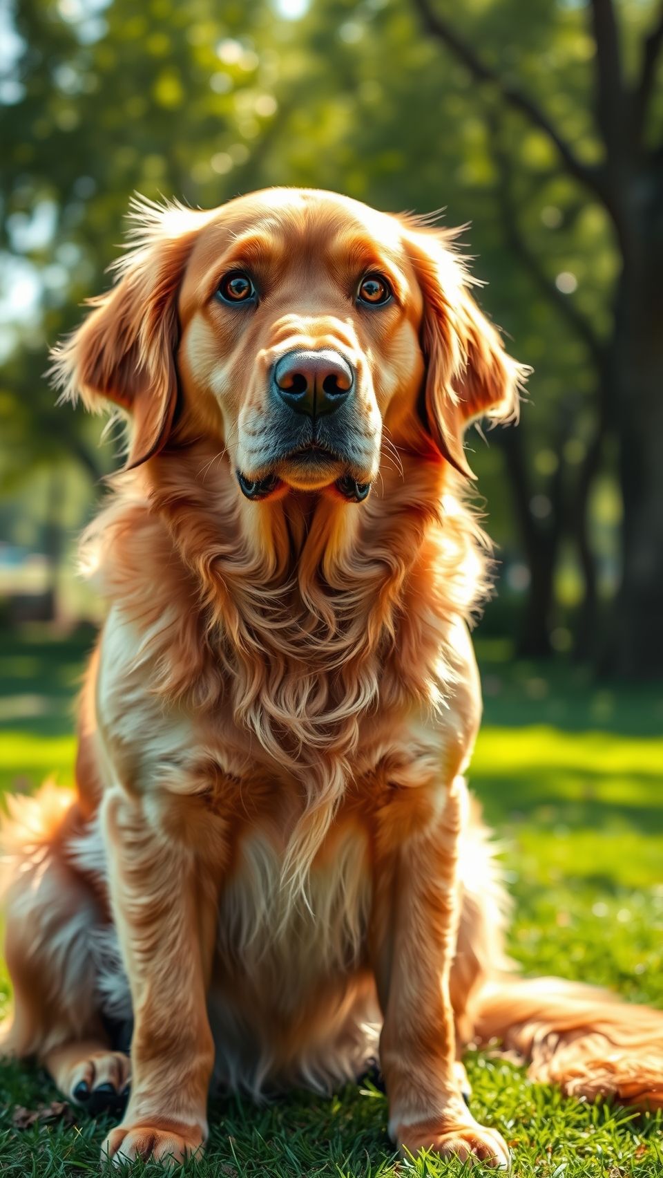 Golden Retriever dog sitting in the grass in a serene outdoor environment with vibrant greenery in the background
