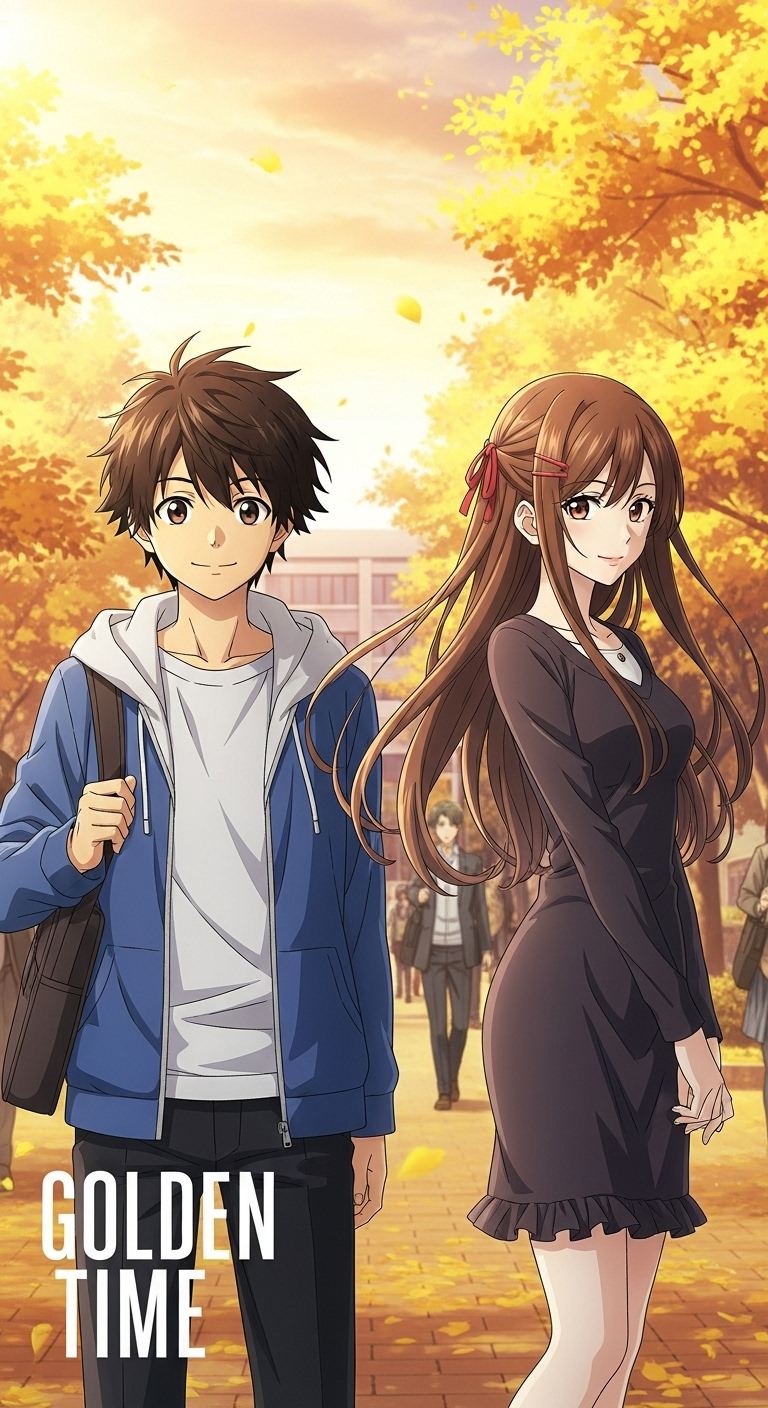 Golden Time anime wallpaper featuring Banri and Kouko in romantic autumn campus background