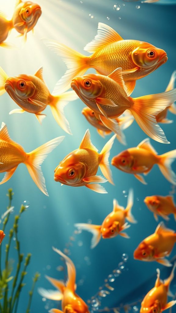 Golden goldfish swimming gracefully in clear blue water with sunlight beams shining through
