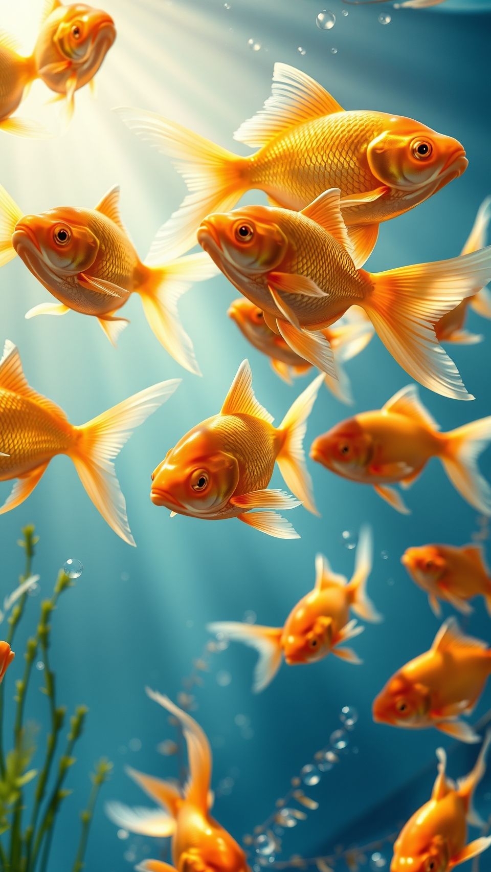 Golden goldfish swimming gracefully in clear blue water with sunlight beams shining through