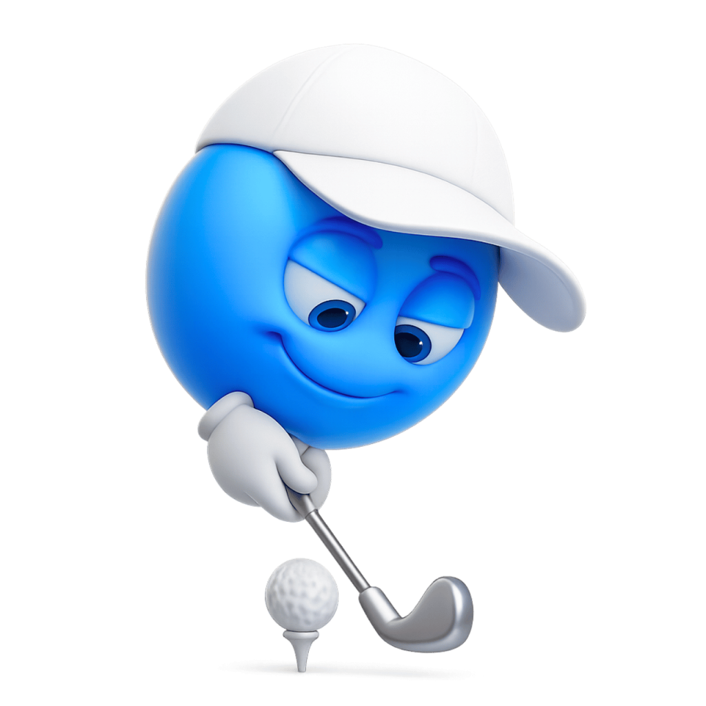 Blue golfing smiley emoji character playing golf with cap, club, and ball