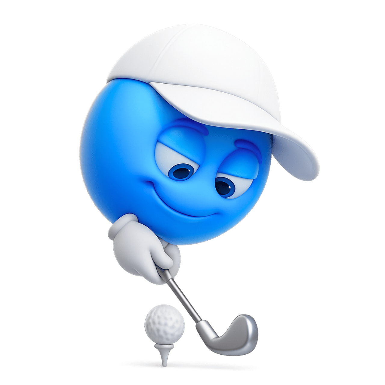 Blue golfing smiley emoji character playing golf with cap, club, and ball
