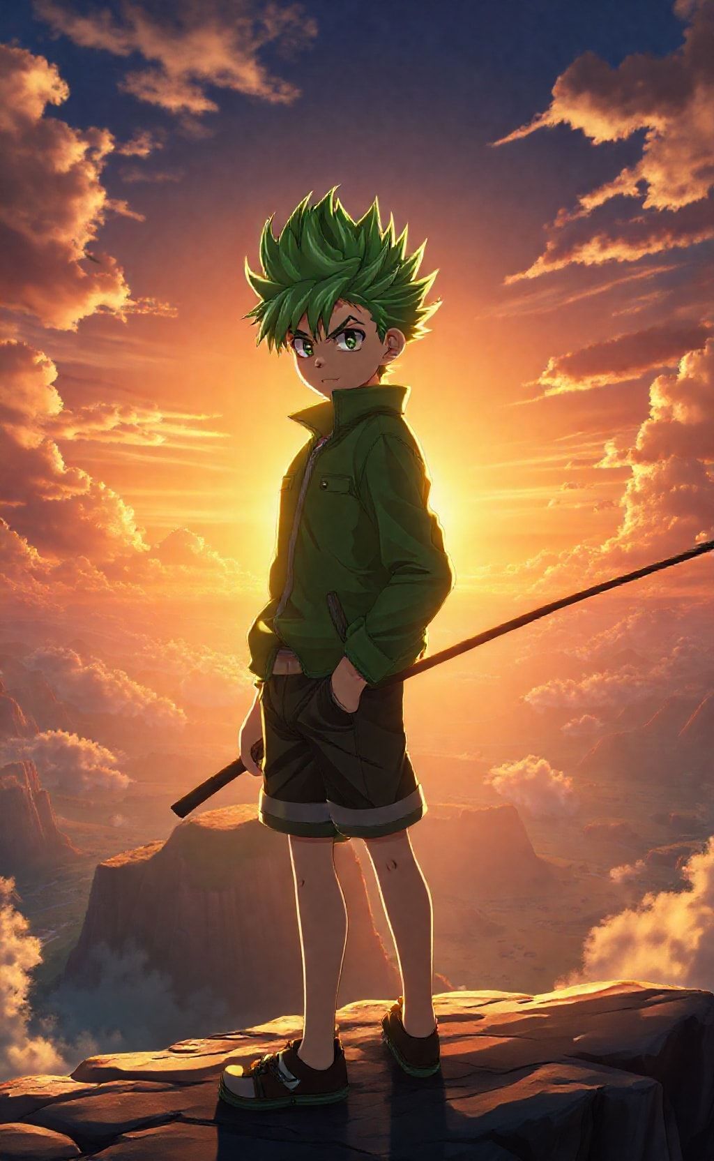 Gon Freecss anime wallpaper standing on cliff with sunset background in high resolution