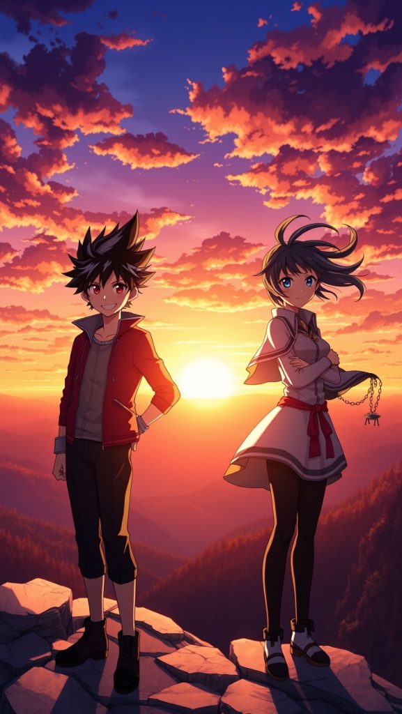 Gon and Killua anime wallpaper standing on mountain peak during colorful sunset sky