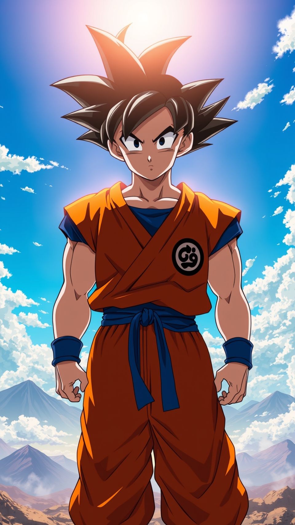 Goten Dragon Ball Z anime wallpaper, full body Saiyan stance under bright sky