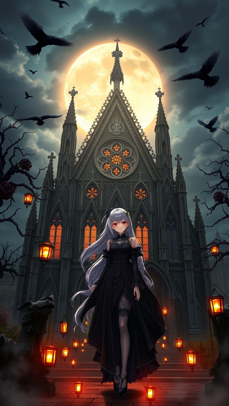 Gothic anime girl standing before cathedral under full moon with dark fantasy vibes