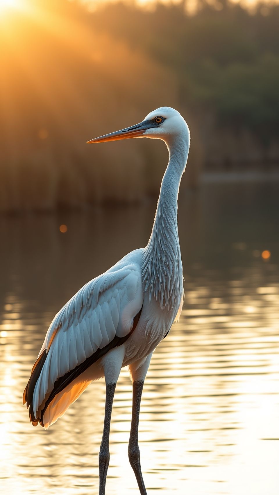 Graceful crane bird standing near lake at sunrise with golden sunlight reflection