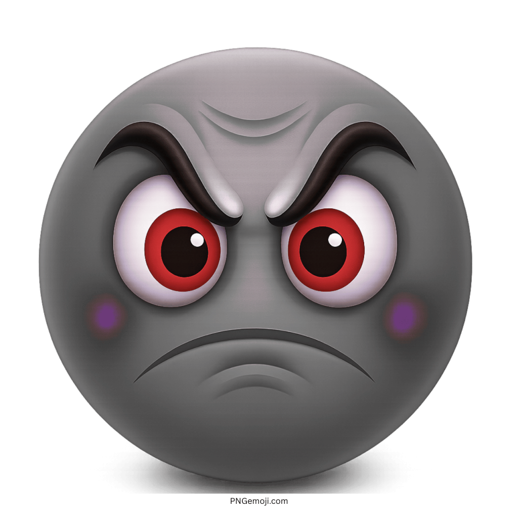 Gray angry emoji face with red eyes and angry eyebrows