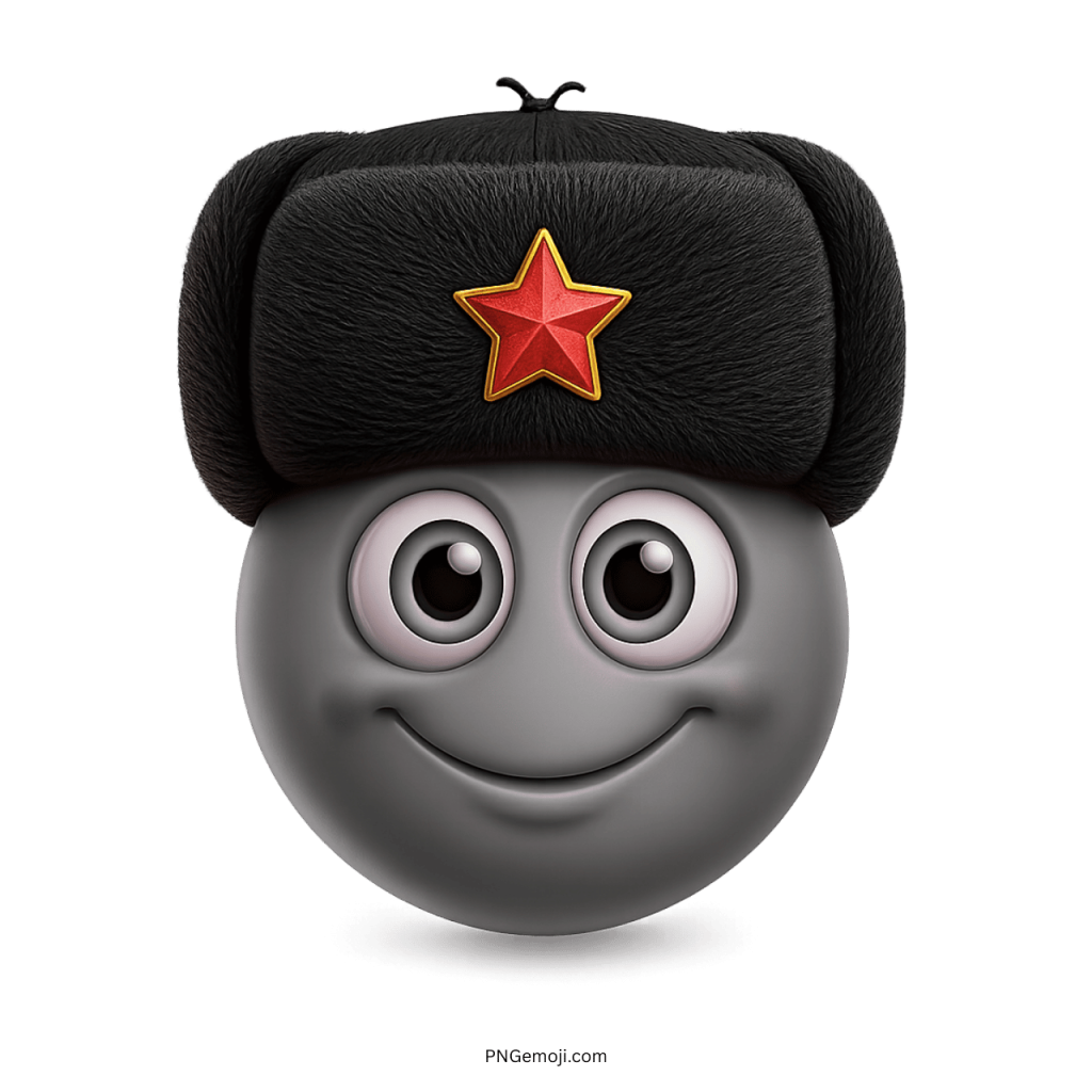 Gray smiley emoji face wearing black fur hat with red star emblem