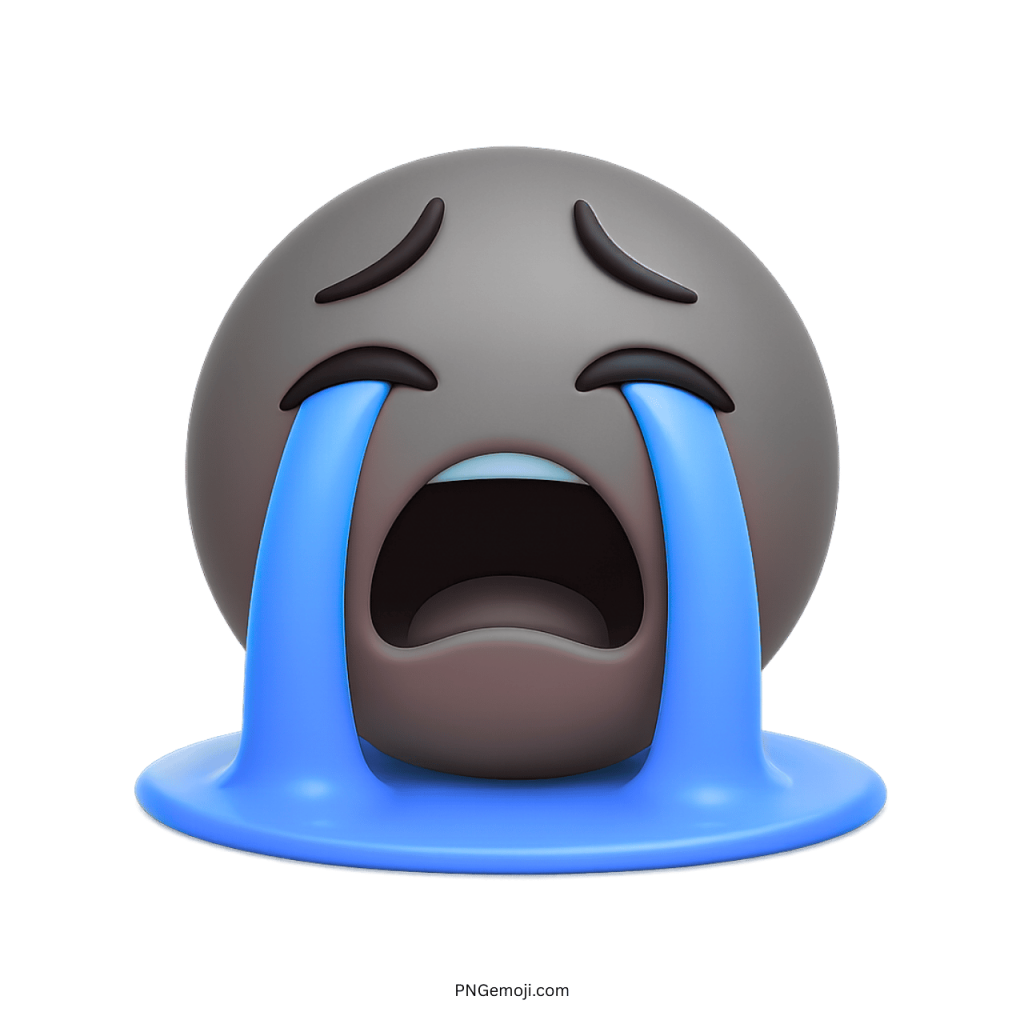 gray 3D emoji crying heavily with blue tears forming large puddle
