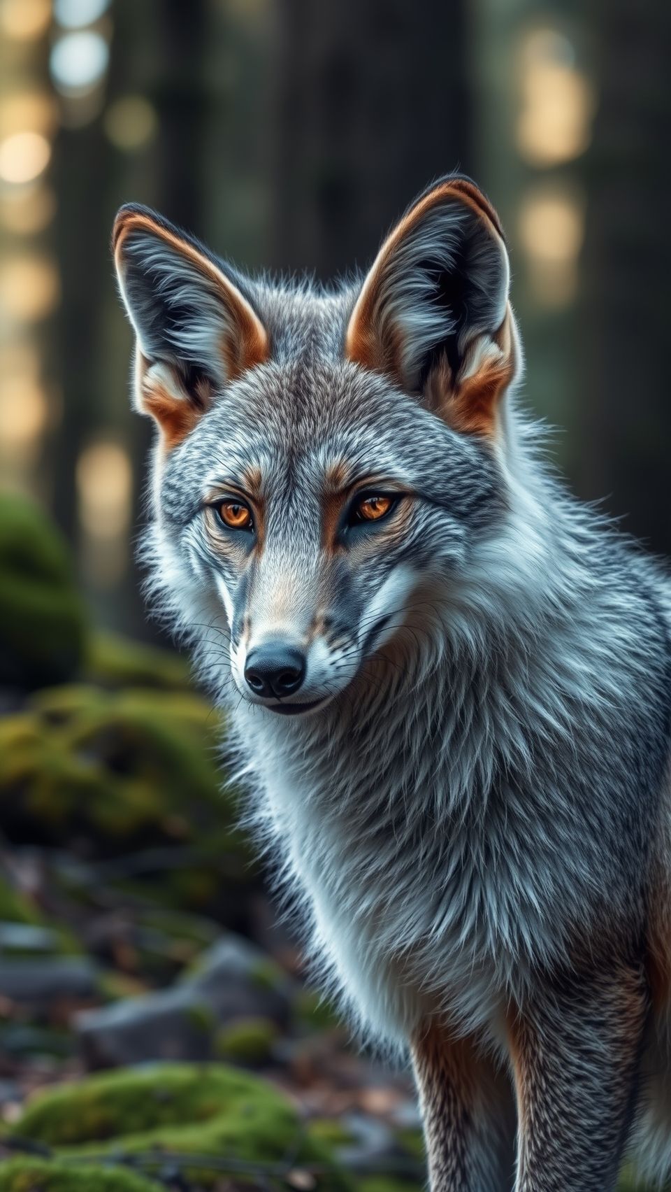 Realistic gray fox wallpaper with golden eyes and detailed fur in forest background